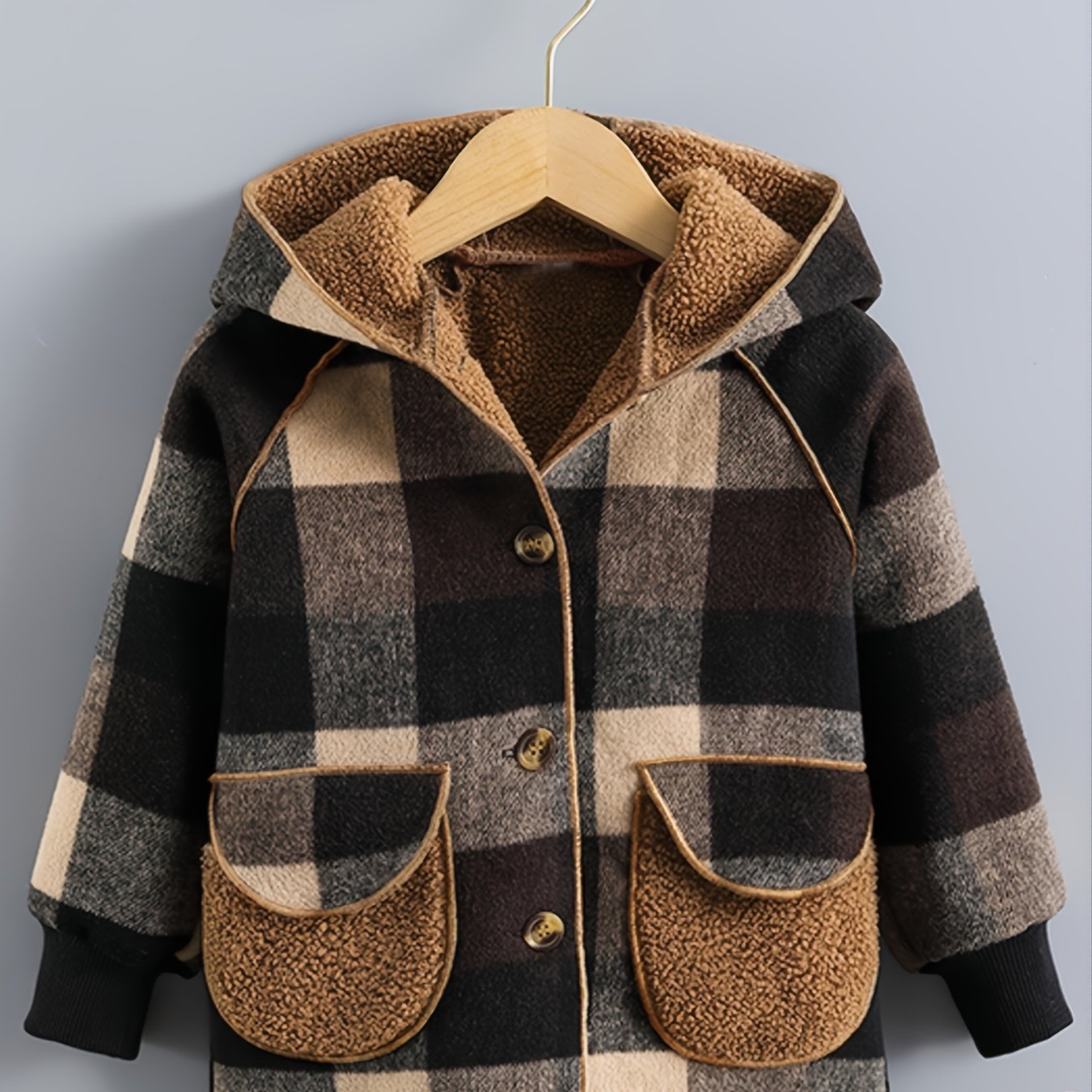 Boys' Long Sleeve Plaid Fleece-Lined Jacket with Button Front & Pockets - Cozy Fall/Winter Warmth, Casual Cardigan Collar, Brown/ Tartan Pattern, Machine Washable For Outdoor Play & Casual Attire, Winter Jacket For Boys, Fall