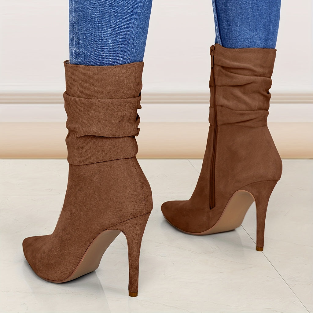 Women's Mid-Calf Boots, Plain Fashionable Boots with Zipper for Comfort and Casual Wear, Round Toe in the Middle of Calf