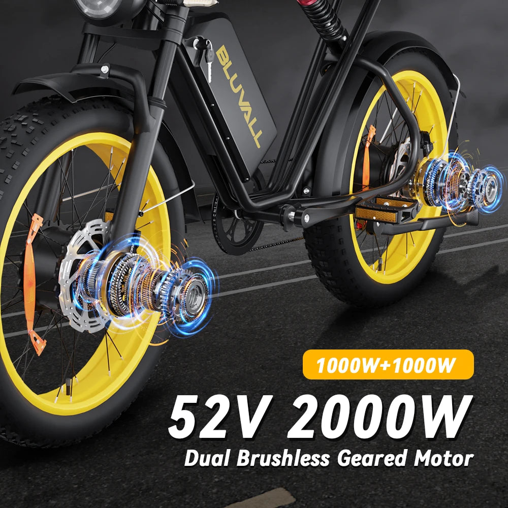 52V 23ah Dual Batteries 2000w Electric Mountain Bike Dual Motors 20 Inch Fat Tire Ebike Dual Suspension Electr Bike