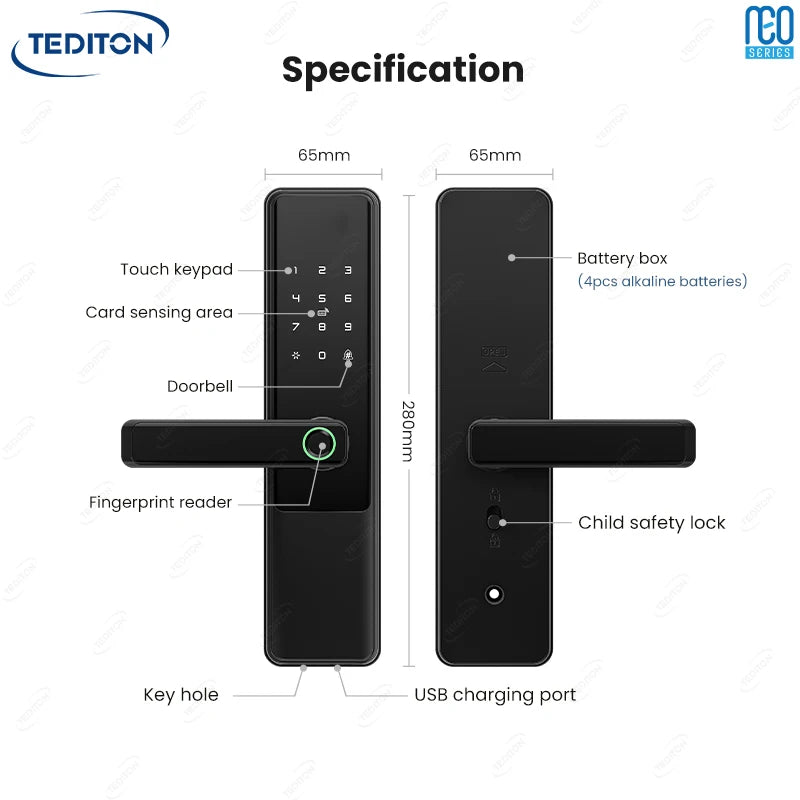 Tediton NEO Cerradura Inteligente Para Puerta Hotel Electronic Digital TTlock Remote Control Waterproof Smart Door Lock