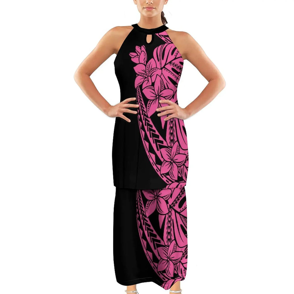 Hawaiian Plumeria Flower Print Halter Neckband Puletasi Custom Sleeveless Top Skirts Set Polynesian Plus Size Womens Dresses 7XL