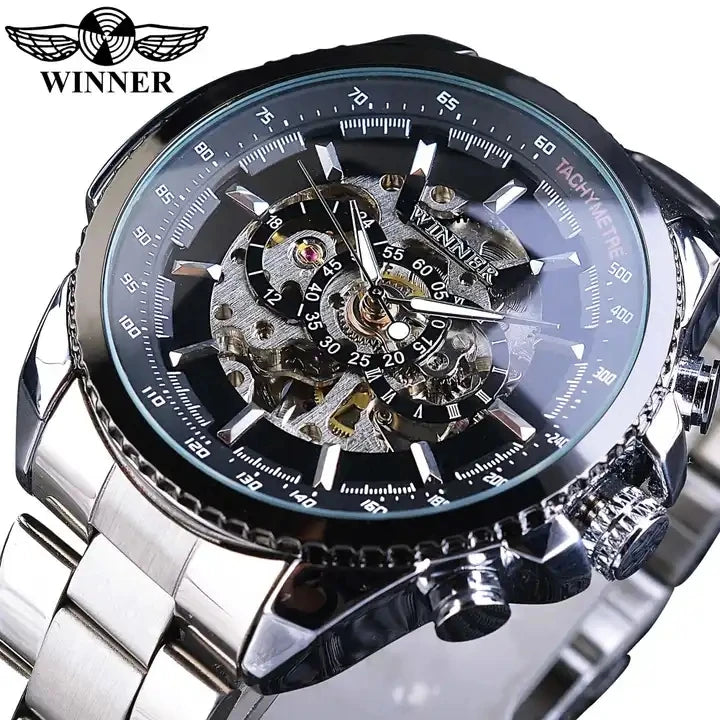 Winner New 2023 Clock Black Golden Skeleton Dial Luminous Design Mechanical Watch Men Top New Luxury Watch Clock