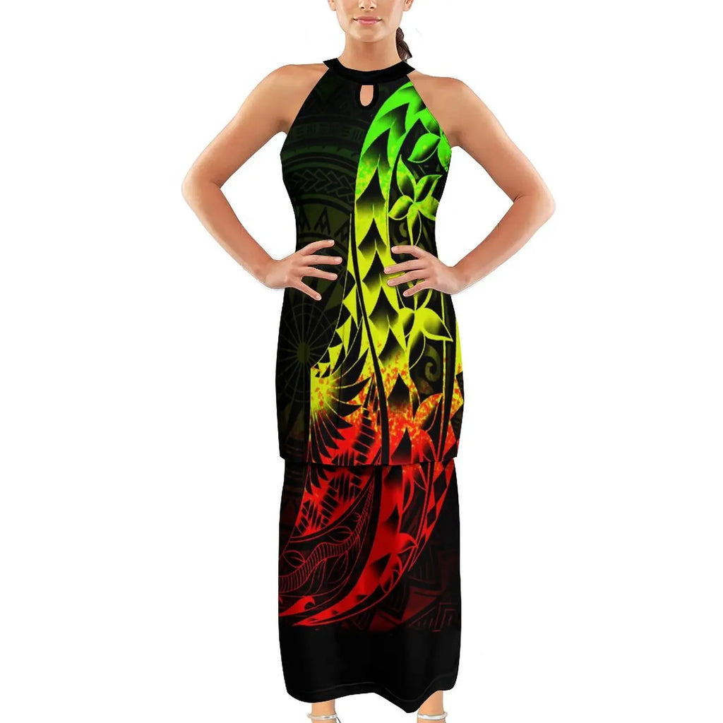 Hawaiian Plumeria Flower Print Halter Neckband Puletasi Custom Sleeveless Top Skirts Set Polynesian Plus Size Womens Dresses 7XL