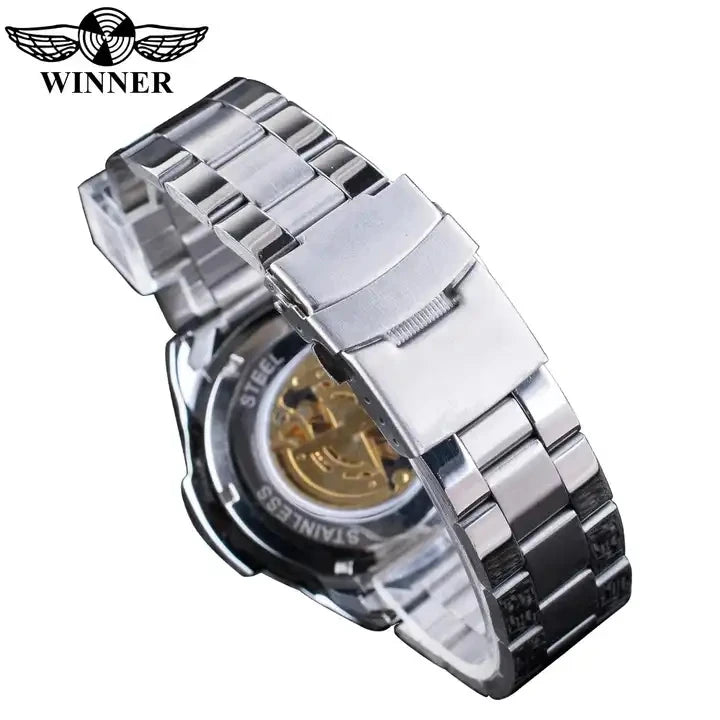 Winner New 2023 Clock Black Golden Skeleton Dial Luminous Design Mechanical Watch Men Top New Luxury Watch Clock