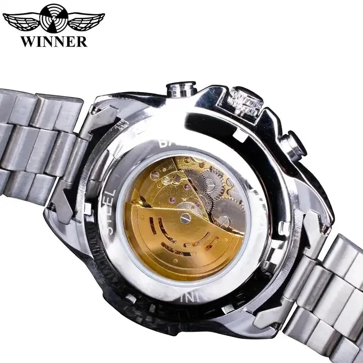Winner New 2023 Clock Black Golden Skeleton Dial Luminous Design Mechanical Watch Men Top New Luxury Watch Clock