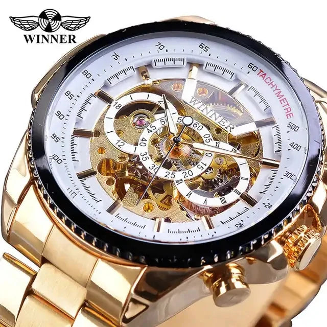 Winner New 2023 Clock Black Golden Skeleton Dial Luminous Design Mechanical Watch Men Top New Luxury Watch Clock