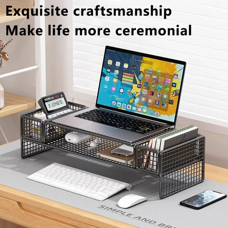 Double-Deck Computer Monitor Riser Holder PC Screen Stand Bracket Desktop Laptop Keyboard Mouse Storage Organizer Pen Container